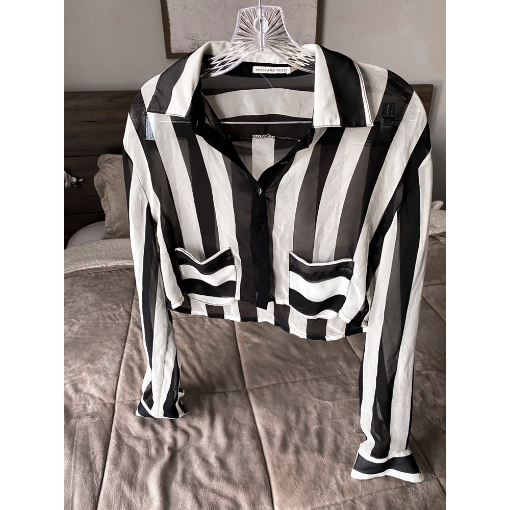 Striped Sheer Cropped Button Down
